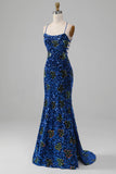 Robe de bal à paillettes à bretelles spaghetti sirène bleu royal avec fente