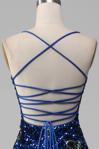 Robe de bal à paillettes à bretelles spaghetti sirène bleu royal avec fente