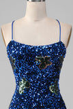 Robe de bal à paillettes à bretelles spaghetti sirène bleu royal avec fente