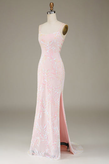 Sirène rose scintillant robe de bal avec fente