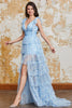 Charger l&#39;image dans la galerie, Princesse A Line Col V Bleu Robe de soirée longue avec fente à volants