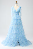 Robe de bal trapèze à col en V bleu clair
