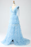 Robe de bal trapèze à col en V bleu clair