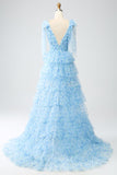Robe de bal trapèze à col en V bleu clair