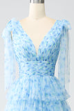 Robe de bal trapèze à col en V bleu clair
