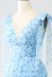 Robe de bal trapèze à col en V bleu clair
