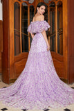 Magnifique une ligne hors de l’épaule lilas Floral longue robe de soirée avec volants