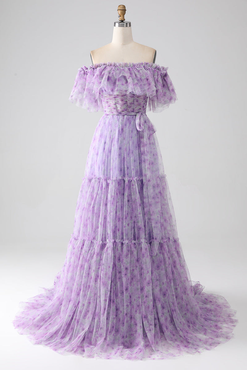 Charger l&#39;image dans la galerie, Robe de soirée longue à volants à épaules dénudées à fleurs lilas