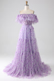 Robe de soirée longue à volants à épaules dénudées à fleurs lilas