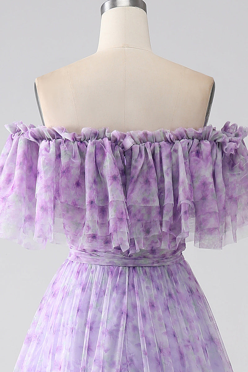 Charger l&#39;image dans la galerie, Robe de soirée longue à volants à épaules dénudées à fleurs lilas
