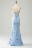 Robe de Soirée bleu clair sirène chérie Corset Appliques avec fente latérale