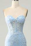 Robe de Soirée bleu clair sirène chérie Corset Appliques avec fente latérale