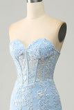 Robe de Soirée bleu clair sirène chérie Corset Appliques avec fente latérale