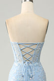 Robe de Soirée bleu clair sirène chérie Corset Appliques avec fente latérale