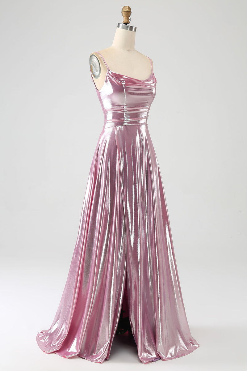 Charger l&#39;image dans la galerie, Superbe une ligne Spaghetti Bretelles Rose Longue Robe de soirée avec fente devant