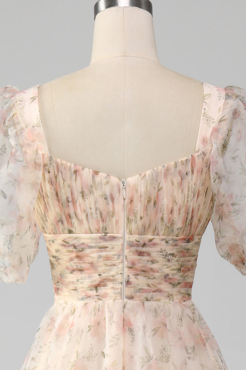 Charger l&#39;image dans la galerie, Robe de bal plissée plissée à imprimé floral champagne avec manches bouffantes