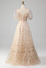 Charger l&#39;image dans la galerie, Robe de bal plissée plissée à imprimé floral champagne avec manches bouffantes
