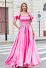 Charger l&#39;image dans la galerie, Princesse A Line Col Carré Rose Chaud Longue Robe de soirée Avec Manches Bouffantes