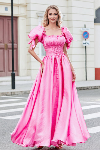 Princesse A Line Col Carré Rose Chaud Longue Robe de soirée Avec Manches Bouffantes