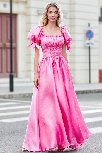 Princesse A Line Col Carré Rose Chaud Longue Robe de soirée Avec Manches Bouffantes