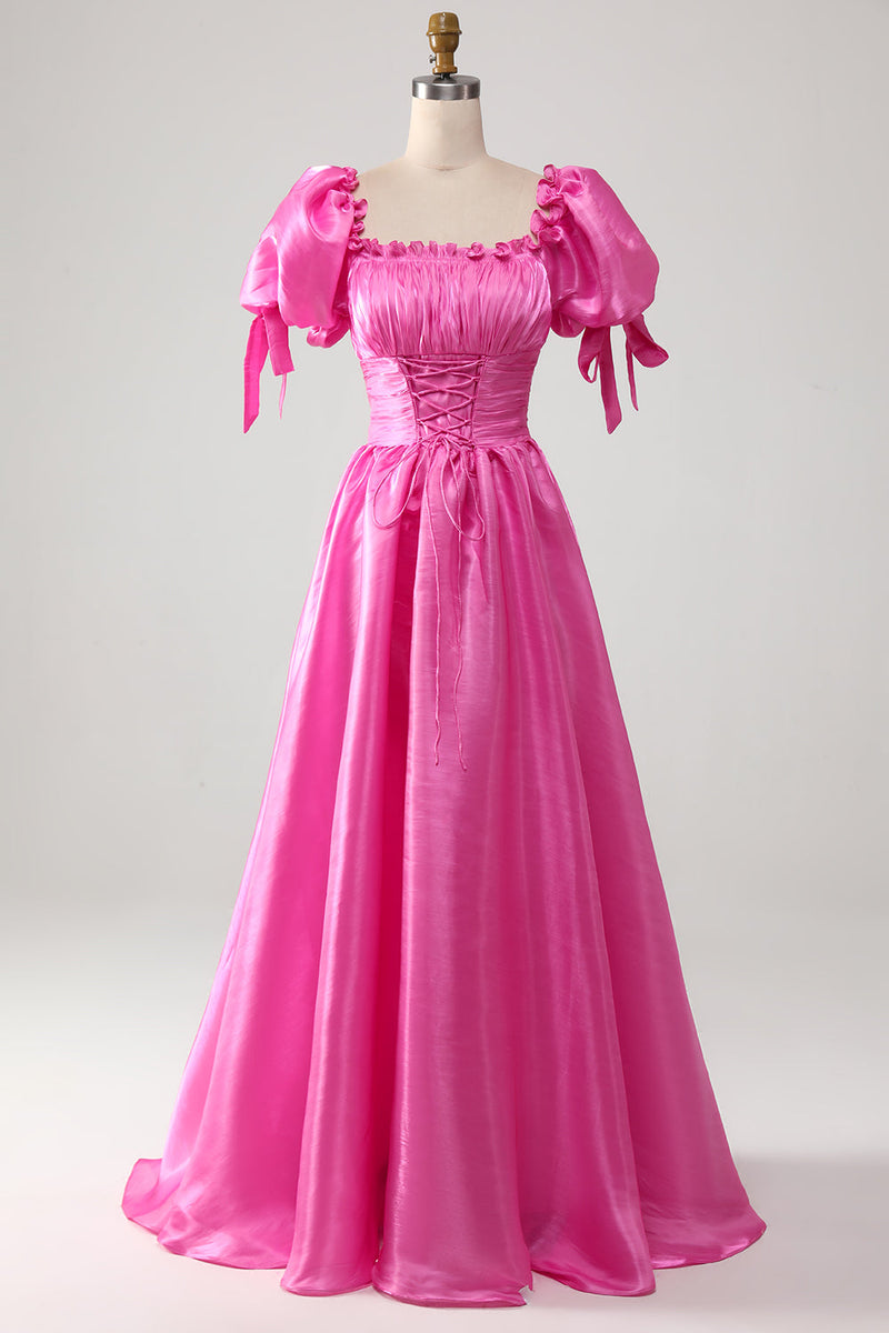 Charger l&#39;image dans la galerie, Robe de bal rose vif à manches bouffantes avec volants