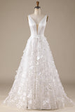 Robe de mariée à col en V A-Line ivoire avec fleurs 3D