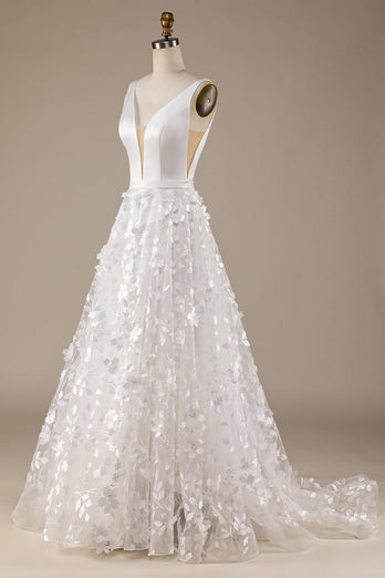 Robe de mariée à col en V A-Line ivoire avec fleurs 3D