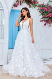 Magnifique robe de mariée longue à col V ivoire à col en V avec fleurs 3D