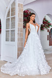 Magnifique robe de mariée longue à col V ivoire à col en V avec fleurs 3D