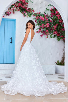 Magnifique robe de mariée longue à col V ivoire à col en V avec fleurs 3D