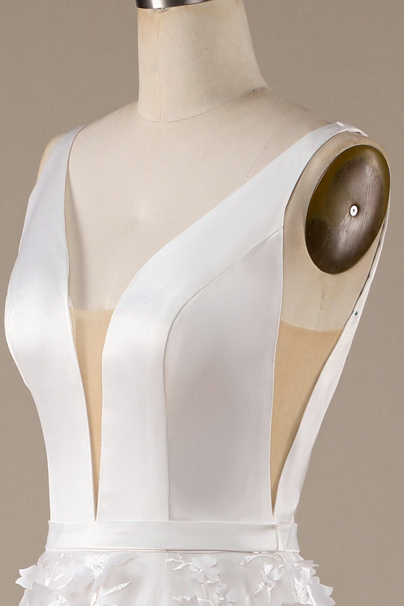 Charger l&#39;image dans la galerie, Robe de mariée à col en V A-Line ivoire avec fleurs 3D