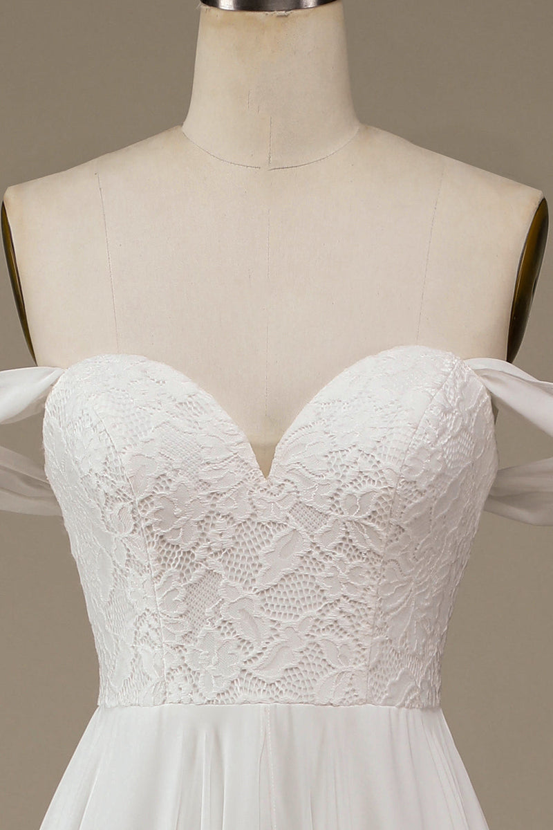 Charger l&#39;image dans la galerie, Robe de mariée asymétrique en mousseline de soie Boho ivoire avec dentelle