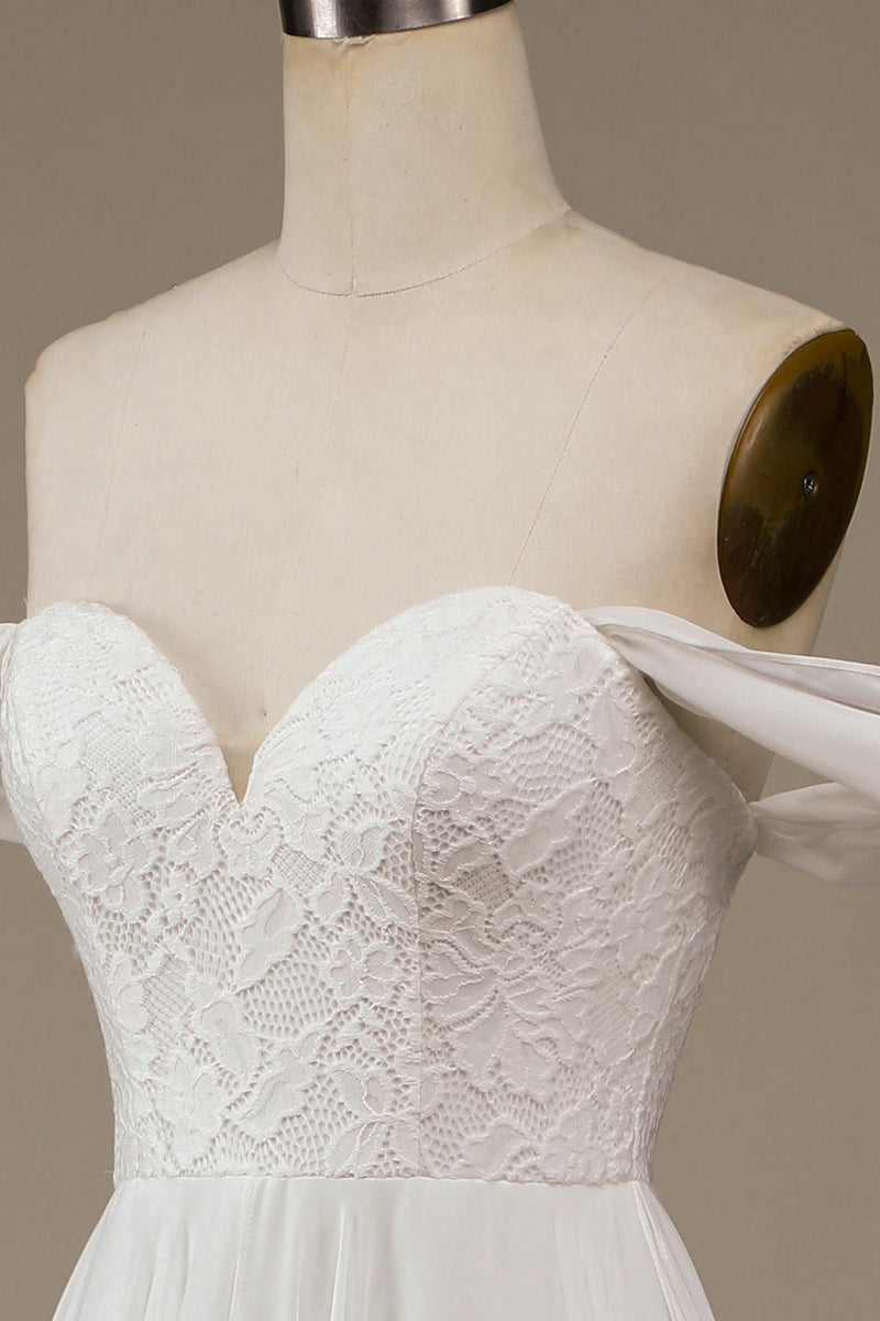Charger l&#39;image dans la galerie, Robe de mariée asymétrique en mousseline de soie Boho ivoire avec dentelle