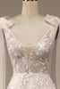 Charger l&#39;image dans la galerie, Robe de mariée en dentelle A-Line en dentelle en V ivoire avec nœud papillon