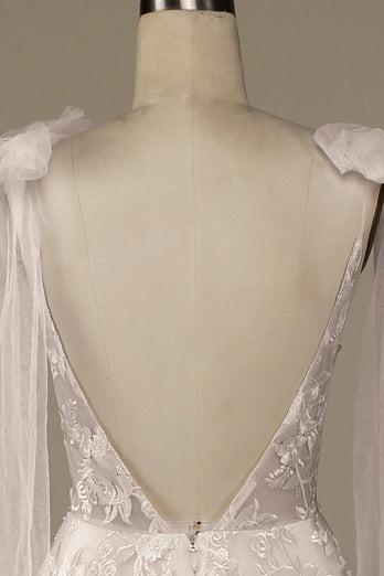 Robe de mariée en dentelle A-Line en dentelle en V ivoire avec nœud papillon