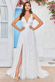 Beauté A Line V-Neck Dentelle Ivoire Robe de mariée longue avec fente
