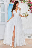 Beauté A Line V-Neck Dentelle Ivoire Robe de mariée longue avec fente