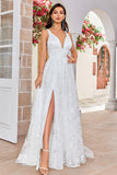 Beauté A Line V-Neck Dentelle Ivoire Robe de mariée longue avec fente