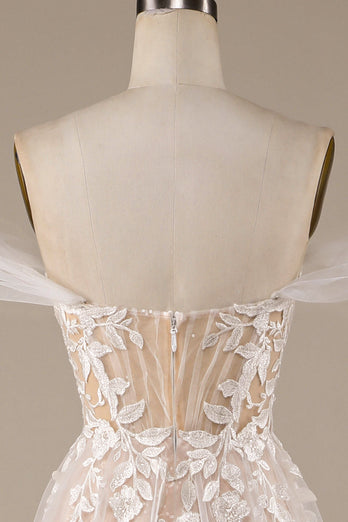 Champagne Tulle Detachable Robe de mariée à l’épaule avec dentelle
