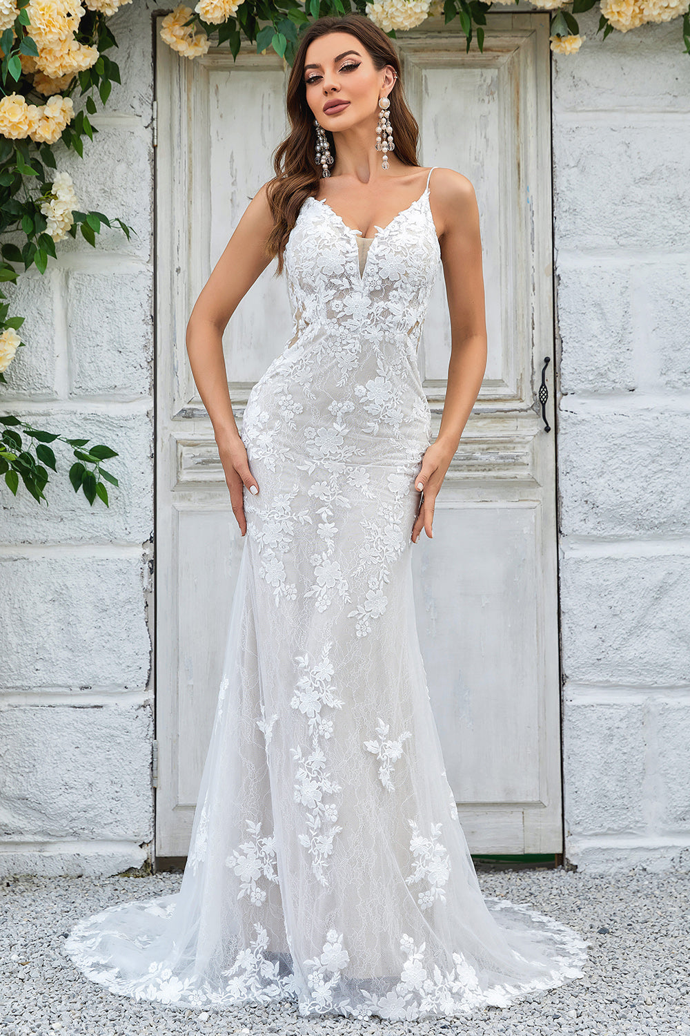Robe de mariée longue en dentelle de dentelle ivoire