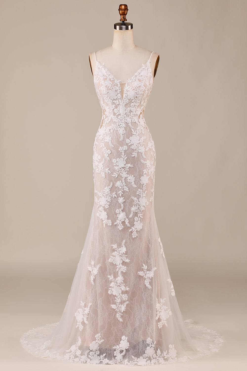 Charmante Sirène Bretelles Spaghetti Ivoire Robe de mariée longue avec dentelle