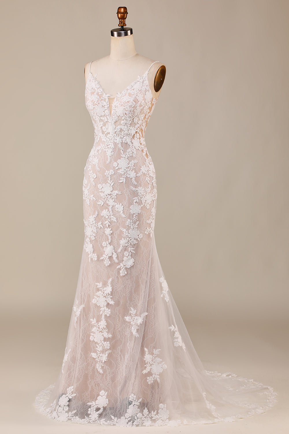 Charmante Sirène Bretelles Spaghetti Ivoire Robe de mariée longue avec dentelle