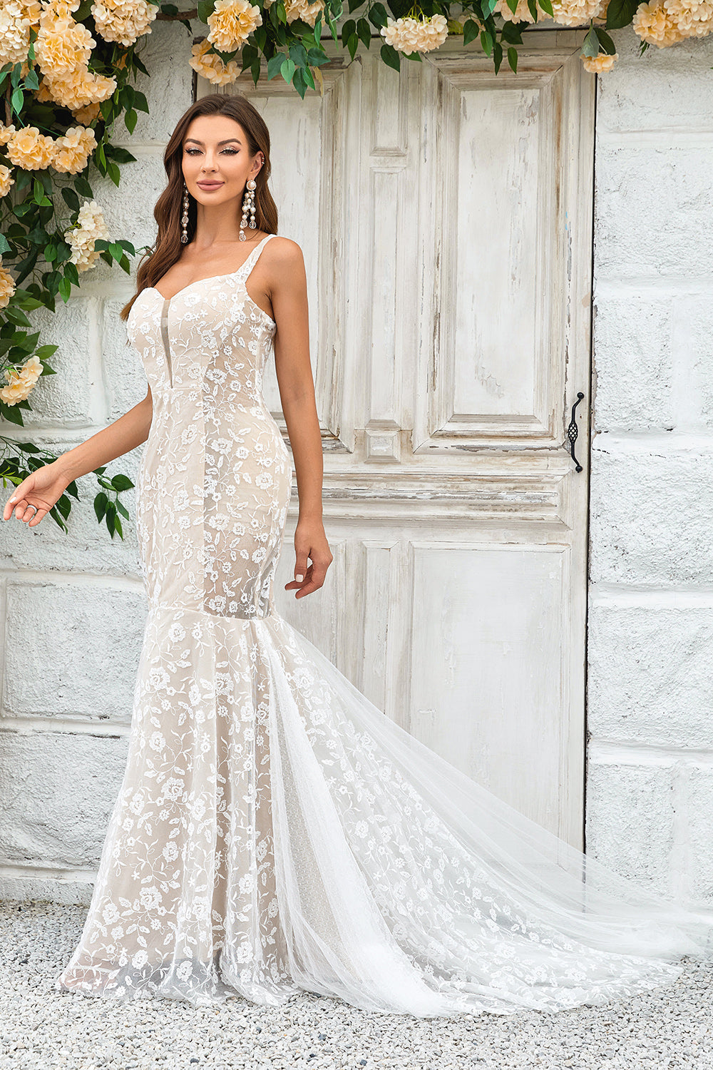 Train de balayage sirène ivoire Robe de mariée avec dentelle