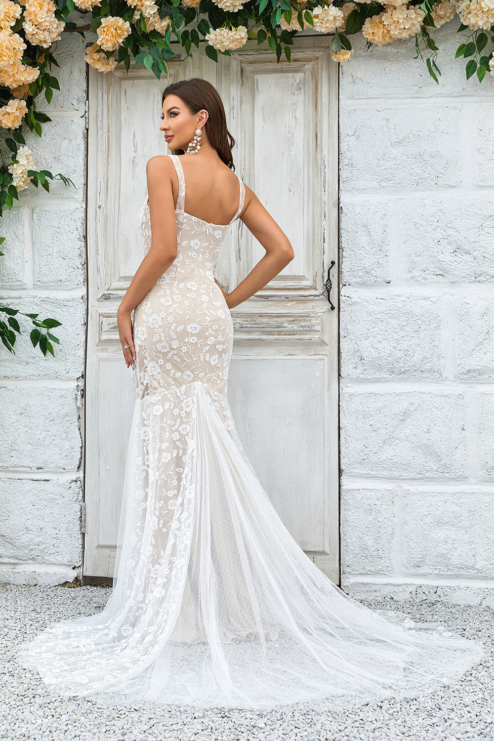 Train de balayage sirène ivoire Robe de mariée avec dentelle