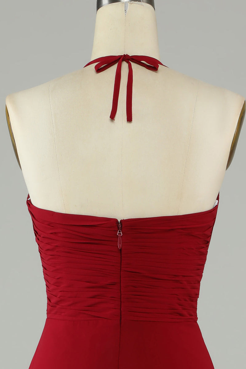 Charger l&#39;image dans la galerie, A-ligne Licou Bourgogne Robe de demoiselle d’honneur longue avec fente