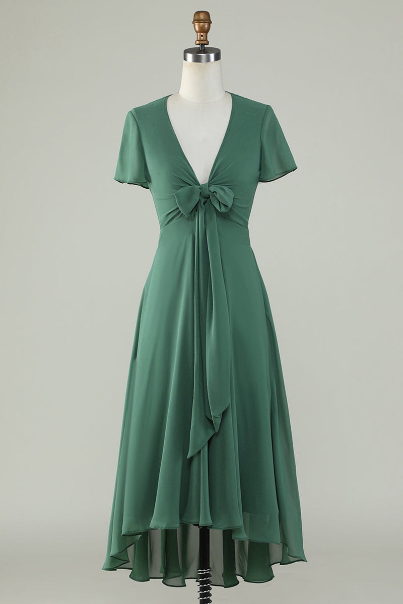 Charger l&#39;image dans la galerie, Col V manches courtes Eucalyptus robe demoiselle d’honneur avec nœud
