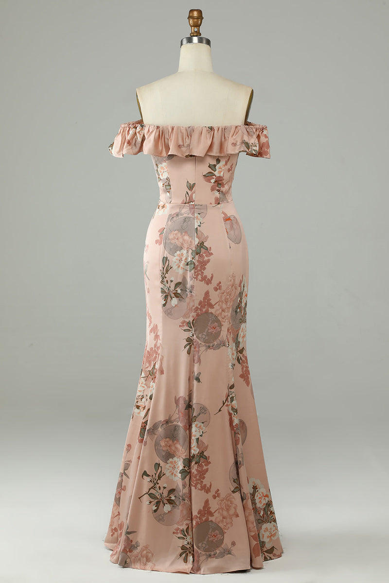 Charger l&#39;image dans la galerie, Fleur imprimée sur la robe de demoiselle d’honneur longue Shoudler Blush avec fente