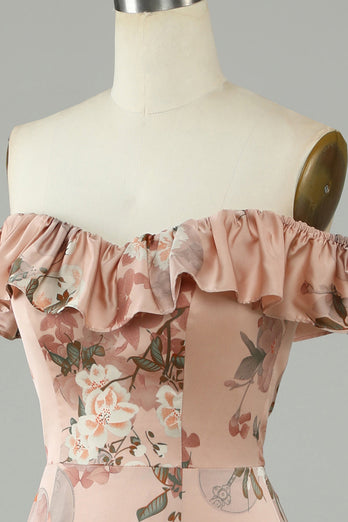 Fleur imprimée sur la robe de demoiselle d’honneur longue Shoudler Blush avec fente