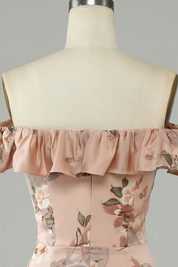 Fleur imprimée sur la robe de demoiselle d’honneur longue Shoudler Blush avec fente