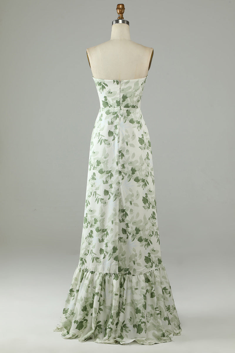 Charger l&#39;image dans la galerie, Asymétrique bustier imprimé vert longue robe de demoiselle d’honneur